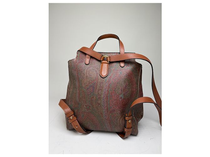 Vintage Etro Fabric Leather Trim Backpack Cream Rust Green Beige - view 15