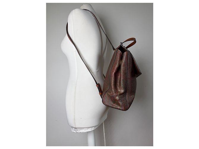 Vintage Etro Fabric Leather Trim Backpack Cream Rust Green Beige - view 2