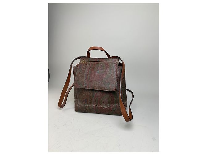 Vintage Etro Fabric Leather Trim Backpack Cream Rust Green Beige - view 3