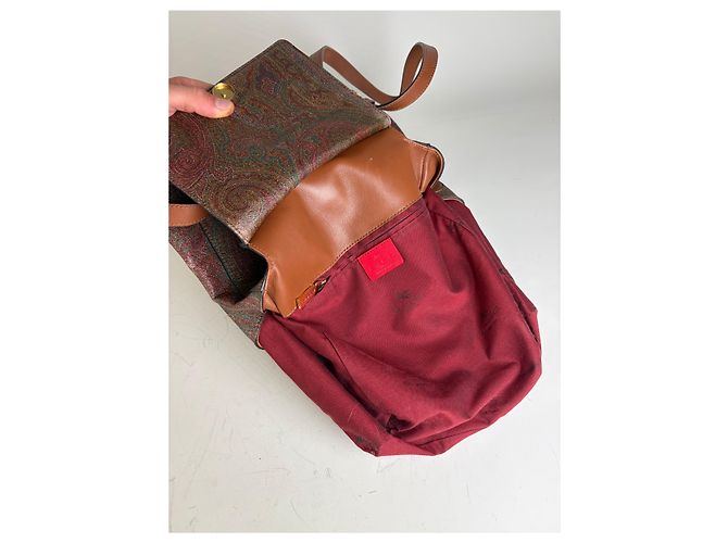 Vintage Etro Fabric Leather Trim Backpack Cream Rust Green Beige - view 4