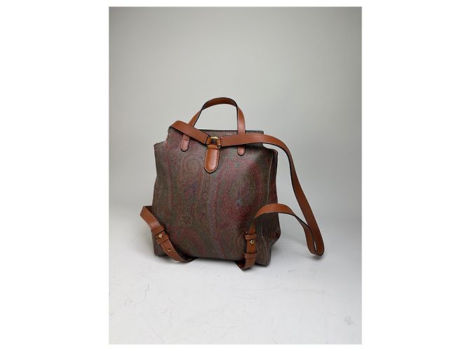 Vintage Etro Fabric Leather Trim Backpack Cream Rust Green Beige - view 5