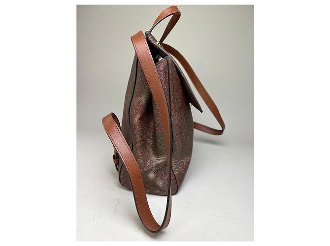 Vintage Etro Fabric Leather Trim Backpack Cream Rust Green Beige - view 7