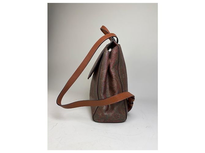 Vintage Etro Fabric Leather Trim Backpack Cream Rust Green Beige - view 9
