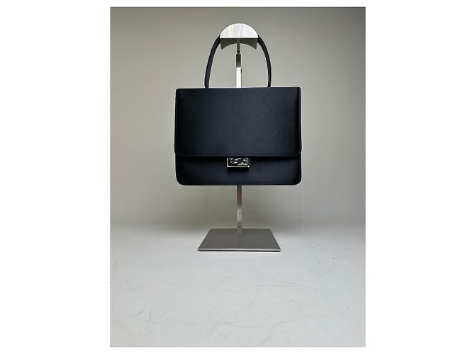 Vintage Courreges Satin-Leder Handtasche Schwarz Silber - Ansicht 12