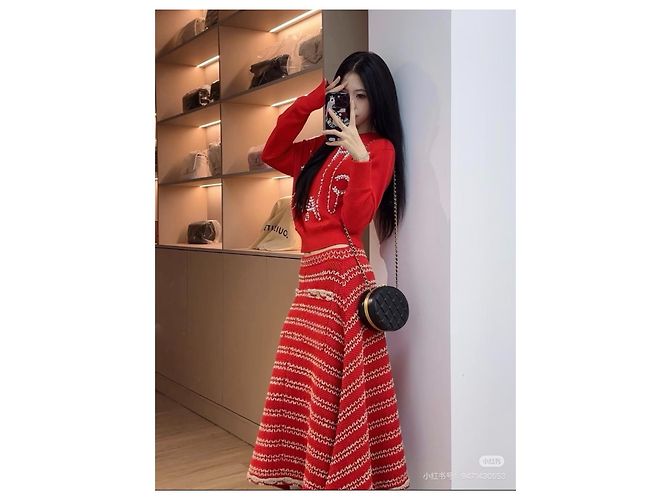 Falda Chanel Roja de Algodón de Talle Alto 36 Multicolor - vista 7