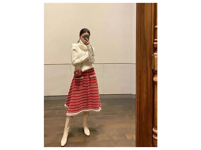 Falda Chanel Roja de Algodón de Talle Alto 36 Multicolor - vista 8