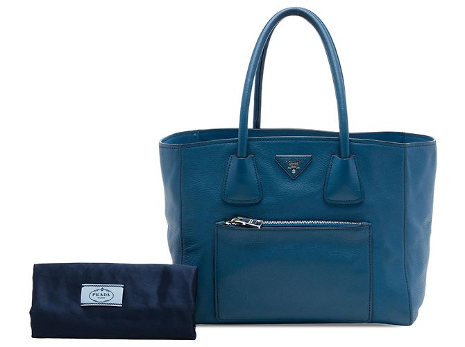 Tote Shopping Bag Prada in pelle di vitello morbida blu con tasca frontale - vista 7