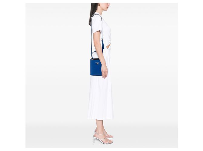 Prada Borsa Satchel Panier Small in Pelle Saffiano Blu - vista 6