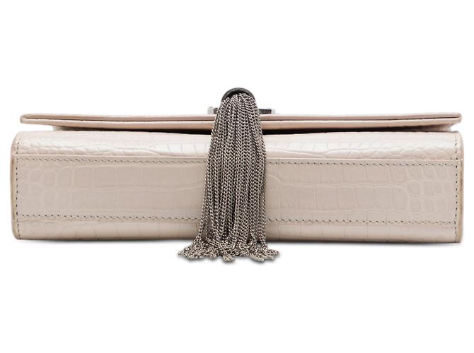 Saint Laurent Borsa a Tracolla Kate Tassel in Pelle Effetto Coccodrillo Marrone Medium Monogramma Beige - vista 3