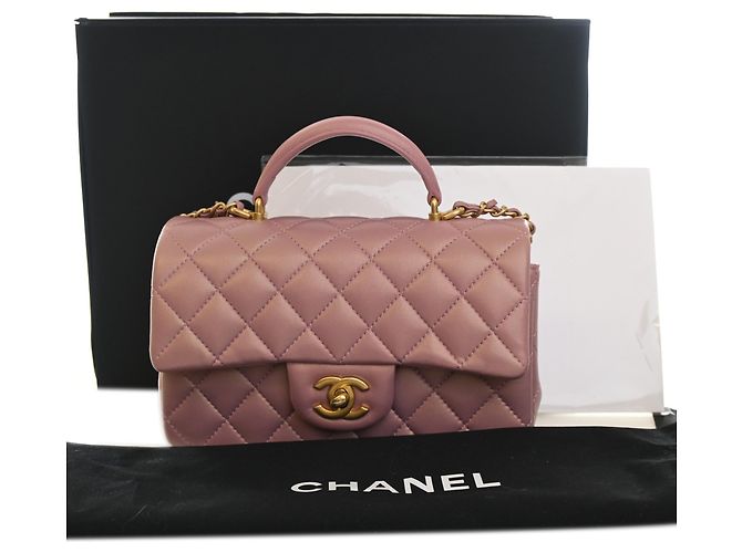 Chanel Mini Rectangular Classic Flap con manico in pelle d'agnello rosa - vista 13