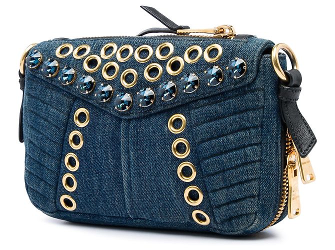 Borsa crossbody biker Miu Miu in denim blu con occhielli e cristalli - vista 2