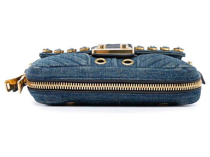 Borsa crossbody biker Miu Miu in denim blu con occhielli e cristalli - vista 3