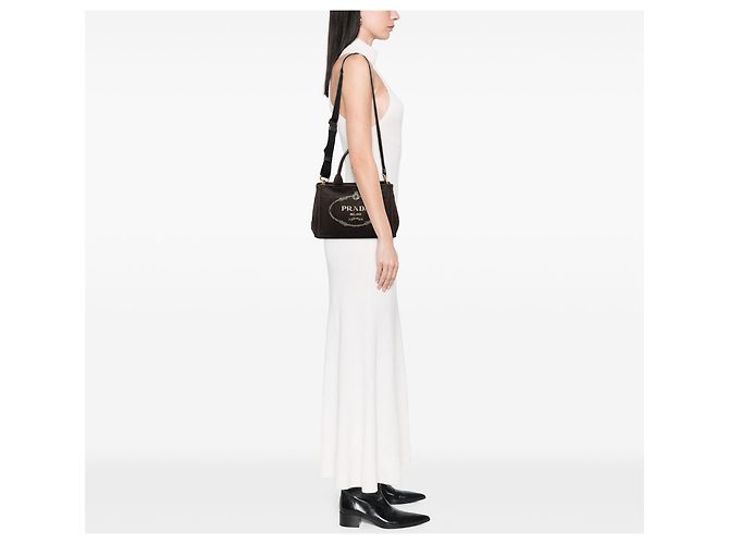Borsa Tote Prada Small Canvas Canapa Logo Nera Nero - vista 6