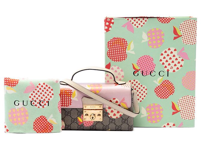 Padlock Borsa Satchel Gucci Beige Mini GG Supreme Monogram Les Pommes con Lucchetto - vista 7