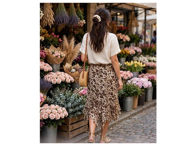 Falda Marella de seda con estampado animalier y volantes Castaño Beige - vista 16