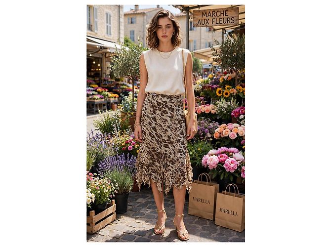 Falda Marella de seda con estampado animalier y volantes Castaño Beige - vista 3