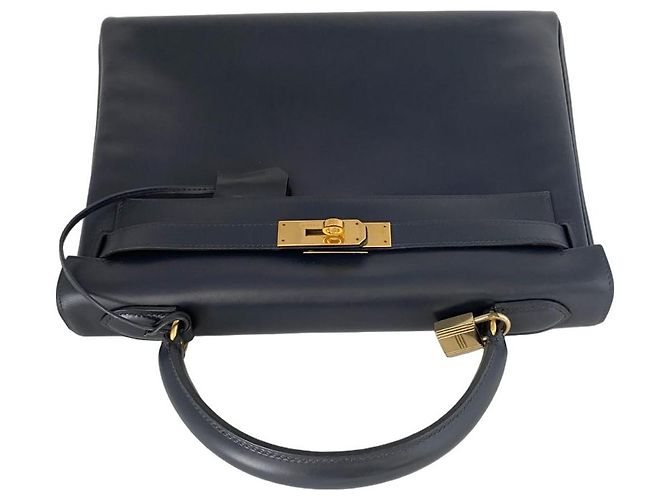 Borsa Hermès Kelly 32 Blu Notte in Pelle Box Calf - vista 5