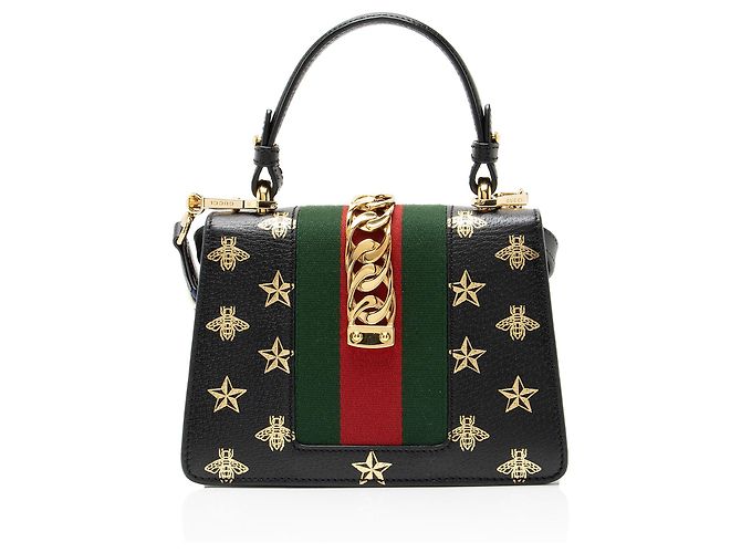 Gucci Calfskin Bee & Star Sylvie Mini Top Handle Nero - vista 3