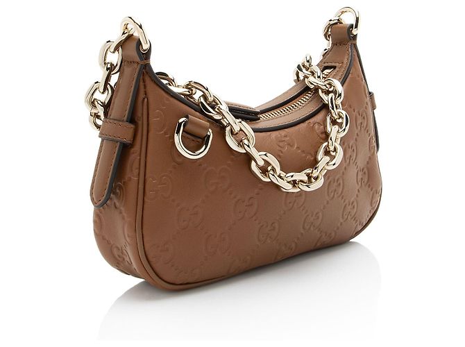 Mini borsa a tracolla in pelle con emblema GG in rilievo Gucci Marrone - vista 2