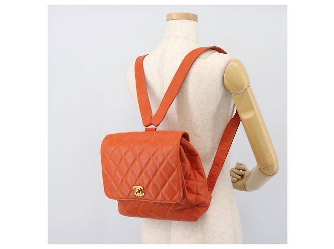 CHANEL Matelasse Backpack Caviar Skin Orange Gold CC - vista 29