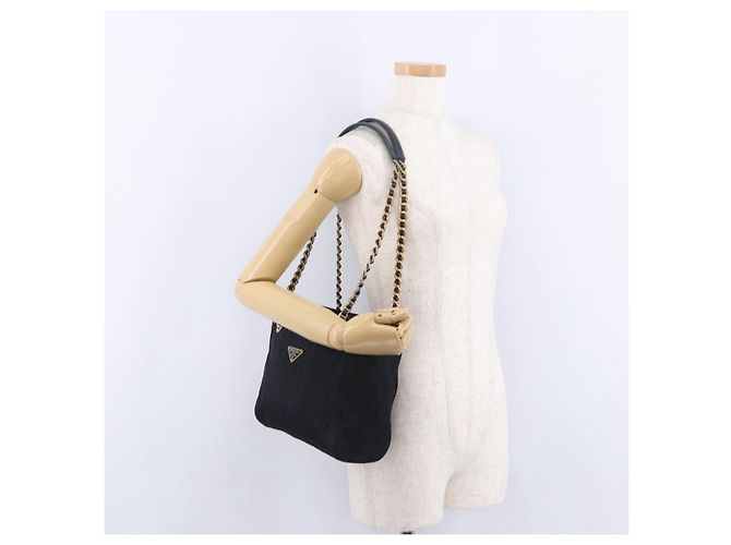 PRADA Chain Shoulder Tote Bag Nylon Black Gold - vista 24