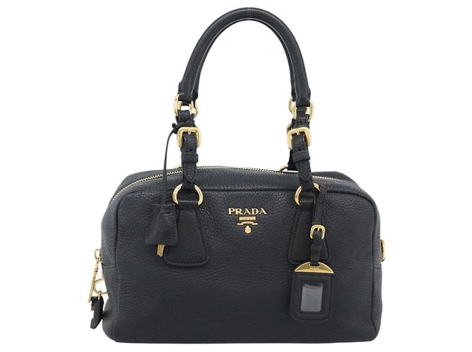 PRADA Hand Bag Leather Black Gold Tone - vista 2