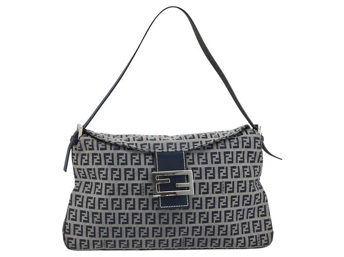 FENDI Zucchino Canvas Mamma Baguette Shoulder Bag Navy Silver - vista 2