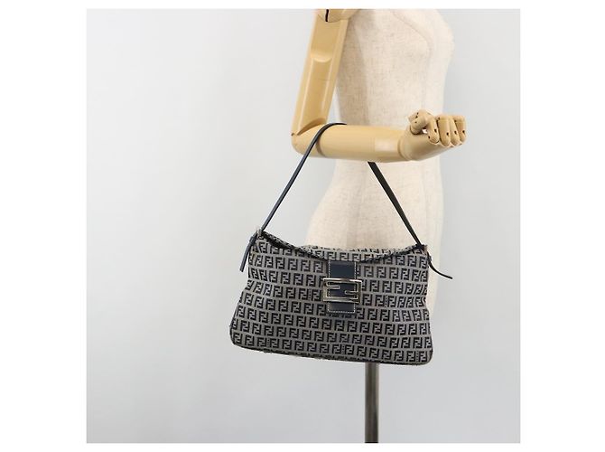 FENDI Zucchino Canvas Mamma Baguette Shoulder Bag Navy Silver - vista 24