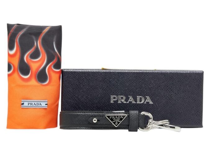 Saffiano Portachiavi Prada con placca logo triangolare Nero - vista 5