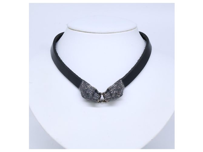 Choker in pelle GUCCI Ag925 Double Tiger Head Nero - vista 9