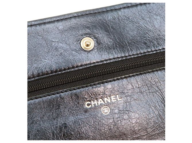 Bolsa de ombro carteira Chanel em couro de bezerro azul marinho metálico Preto - vista 10