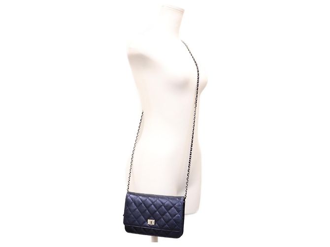 Bolsa de ombro carteira Chanel em couro de bezerro azul marinho metálico Preto - vista 13