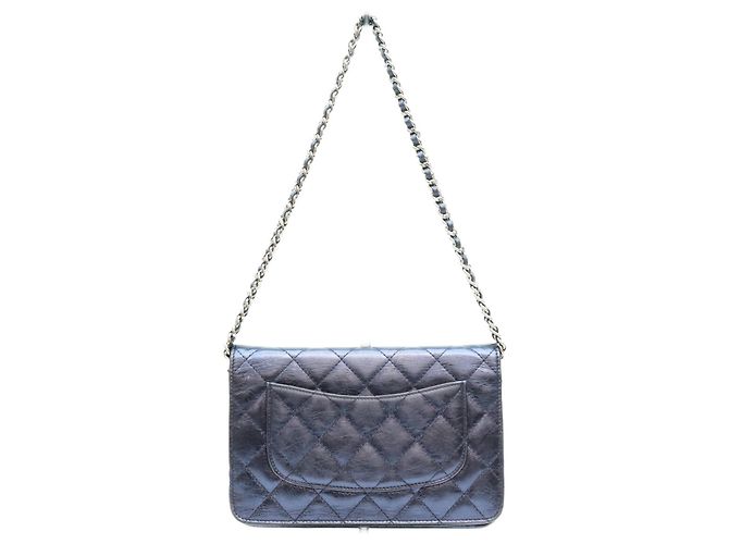 Bolsa de ombro carteira Chanel em couro de bezerro azul marinho metálico Preto - vista 3