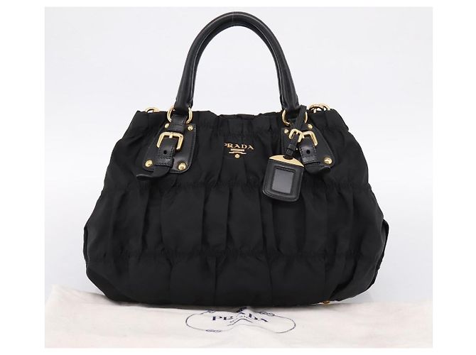 Borsa a mano arricciata PRADA Nylon 2way Nero Oro Auth 199147V D'oro - vista 12