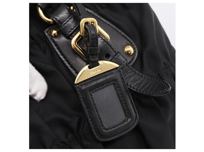 Borsa a mano arricciata PRADA Nylon 2way Nero Oro Auth 199147V D'oro - vista 19