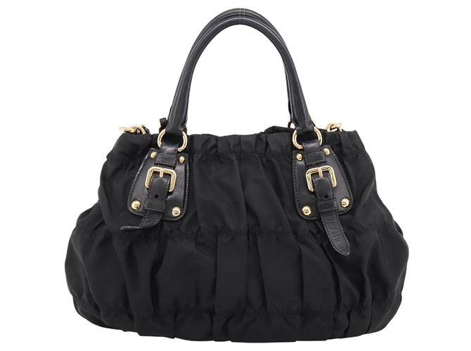 Borsa a mano arricciata PRADA Nylon 2way Nero Oro Auth 199147V D'oro - vista 2