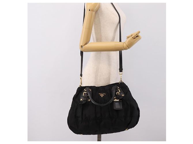 Borsa a mano arricciata PRADA Nylon 2way Nero Oro Auth 199147V D'oro - vista 27
