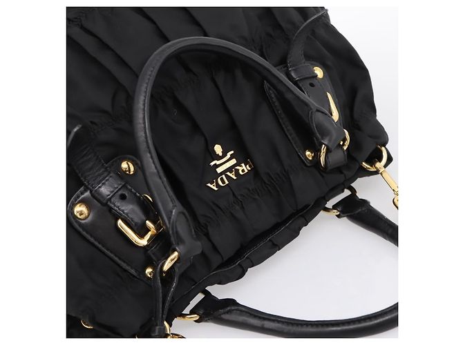 Borsa a mano arricciata PRADA Nylon 2way Nero Oro Auth 199147V D'oro - vista 6