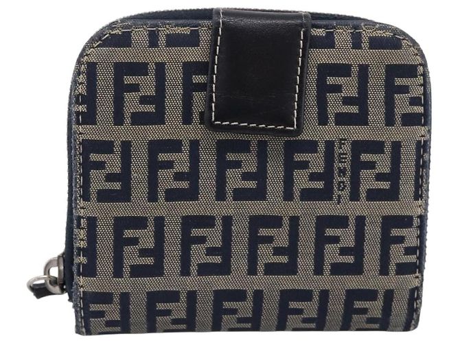 Portafoglio FENDI Zucchino Canvas Navy Silver Auth 200177 Argento Blu navy - vista 13