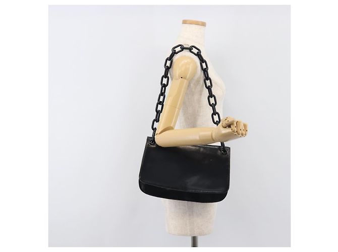 Borsa a tracolla con catena PRADA in pelle nera argento Auth ep15821A Nero - vista 24