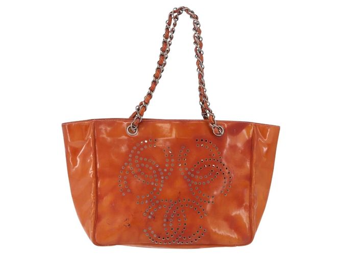 Borsa a tracolla CHANEL Triple Coco Chain in vernice Arancione Silver CC Auth 200643 Argento - vista 13