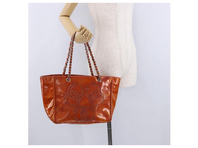 Borsa a tracolla CHANEL Triple Coco Chain in vernice Arancione Silver CC Auth 200643 Argento - vista 22