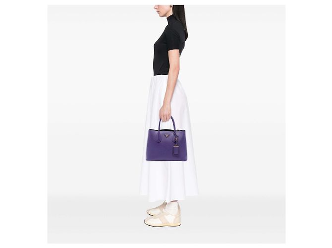 Borsa Double Satchel Prada Medium in Pelle Saffiano Viola Porpora - vista 6