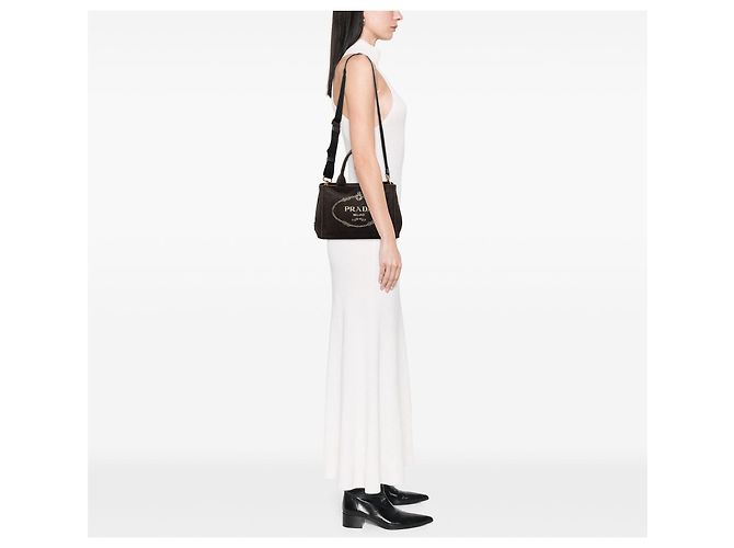 Borsa Tote Satchel Prada Small Canvas Canapa Logo Nera Nero - vista 6
