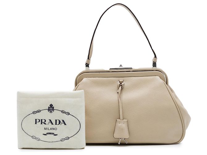 Borsa Prada Goatskin Madras Cerniera Frame Beige - vista 7