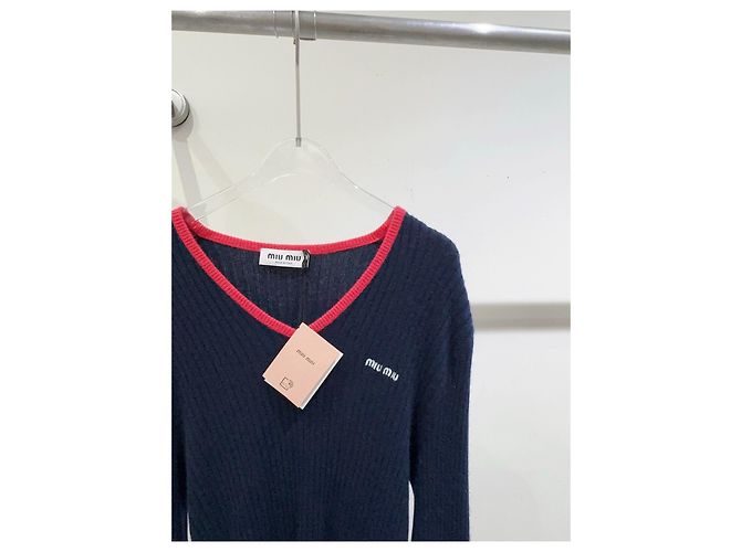 Miu Miu Strickpullover aus Wolle Navy Mehrfarben - Ansicht 2