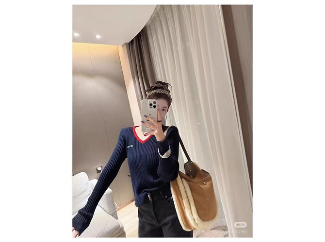 Miu Miu Strickpullover aus Wolle Navy Mehrfarben - Ansicht 8