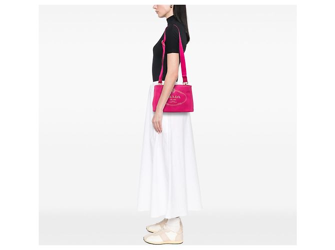 Borsa Tote Satchel Prada Small Canvas Canapa Logo Rosa - vista 6
