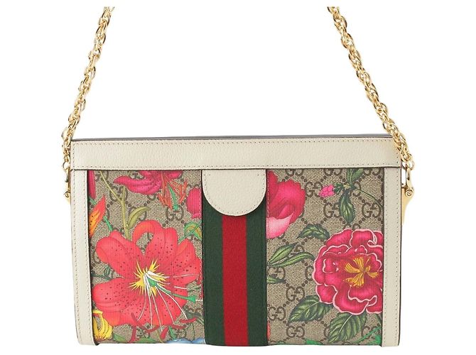 Borsa a Tracolla Gucci Small GG Supreme Flora Web Ophidia Chain Beige - vista 2