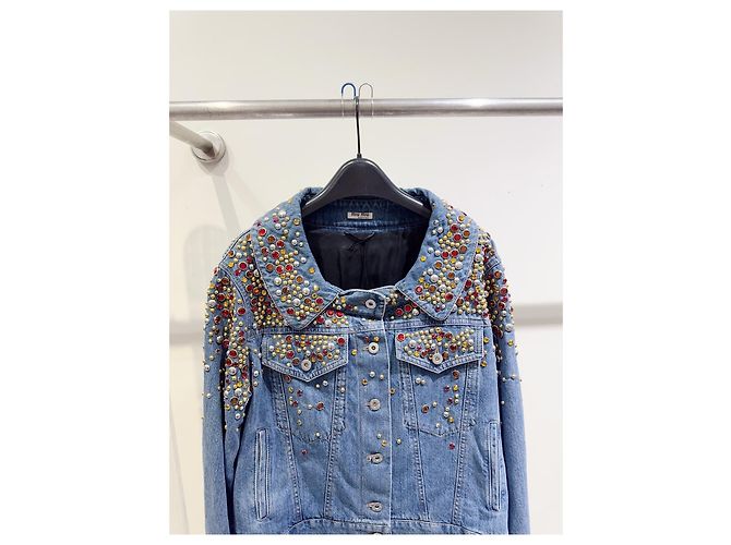 Miu Miu Jeansjacke Blau mit Kristallbesatz Mehrfarben - Ansicht 3